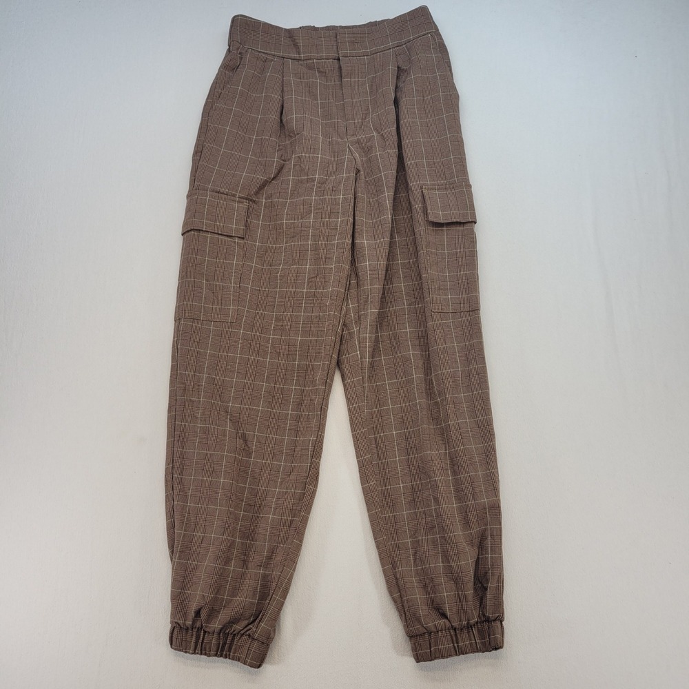 A New Day Cargo Pants Womens 4 Brown Academia Plaid Pleated Elastic Cuff Jogger